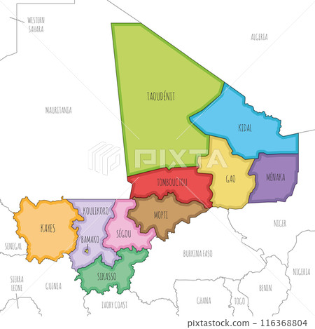 Vector illustrated map of Mali with regions, capital district and administrative divisions, and neighbouring countries. Editable and clearly labeled layers. 116368804