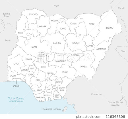 Vector regional map of Nigeria with states and administrative divisions, and neighbouring countries and territories. Editable and clearly labeled layers. 116368806