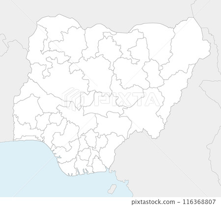 Vector regional blank map of Nigeria with states and administrative divisions, and neighbouring countries and territories. Editable and clearly labeled layers. 116368807