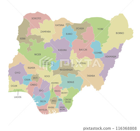 Vector regional map of Nigeria with states and administrative divisions. Editable and clearly labeled layers. 116368808