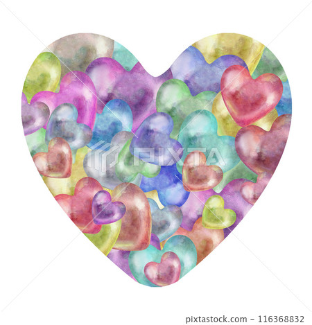 Transparent multicolor rainbow pearl hearts. Watercolor illustration for template for Valentine's Day, wedding, love interior decor, phone wallpaper, candy and gum, in cooking, alcohol, alchemy, magic 116368832