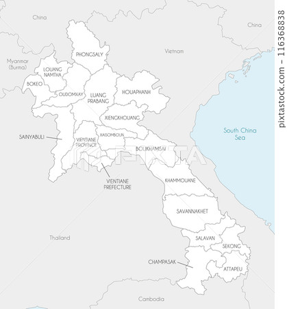 Vector regional map of Laos with provinces and administrative divisions, and neighbouring countries and territories. Editable and clearly labeled layers. Vector regional map of Laos with provinces and administrative divisions, and neighbouring countries and territories. Editable and clearly labeled layers. 116368838