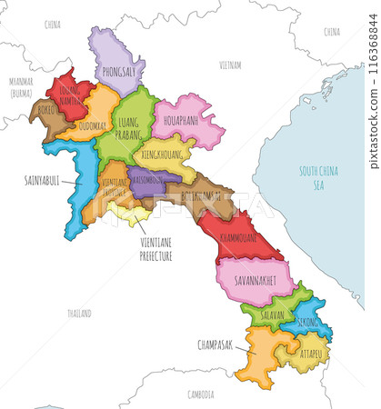 Vector illustrated regional map of Laos with provinces and administrative divisions, and neighbouring countries and territories. Editable and clearly labeled layers. 116368844
