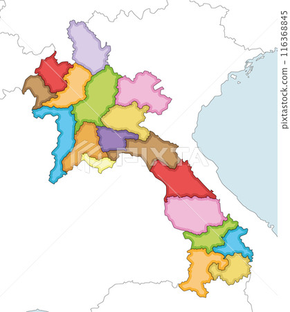 Vector illustrated regional blank map of Laos with provinces and administrative divisions, and neighbouring countries and territories. Editable and clearly labeled layers. 116368845
