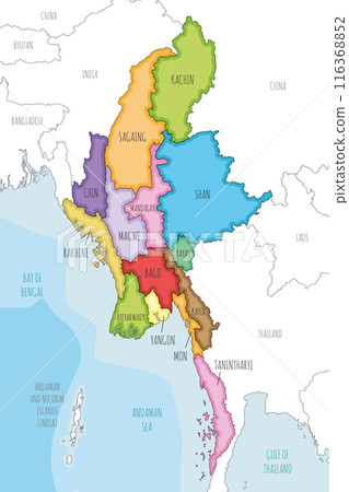 Vector illustrated map of Myanmar with regions, states and administrative divisions, and neighbouring countries and territories. Editable and clearly labeled layers. Vector illustrated map of Myanmar with regions, states and administrative divisions, and neighbouring countries and territories. Editable and clearly labeled layers. 116368852