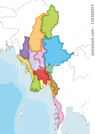 Vector illustrated blank map of Myanmar with regions, states and administrative divisions, and neighbouring countries and territories. Editable and clearly labeled layers. Vector illustrated blank map of Myanmar with regions, states and administrative divisions, and neighbouring countries and territories. Editable and clearly labeled layers. 116368853