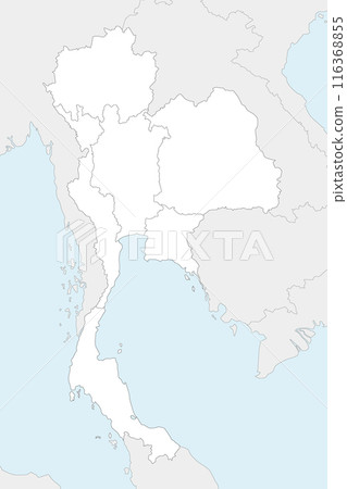 Vector blank map of Thailand with regions and administrative divisions, and neighbouring countries and territories. Editable and clearly labeled layers. Vector blank map of Thailand with regions and administrative divisions, and neighbouring countries and territories. Editable and clearly labeled layers. 116368855