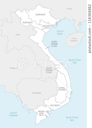 Vector map of Vietnam with regions and administrative divisions, and neighbouring countries and territories. Editable and clearly labeled layers. 116368862