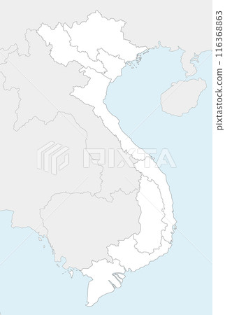 Vector blank map of Vietnam with regions and administrative divisions, and neighbouring countries and territories. Editable and clearly labeled layers. 116368863