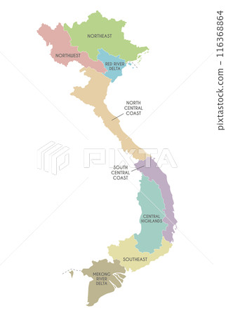 Vector map of Vietnam with regions or territories and administrative divisions. Editable and clearly labeled layers. 116368864