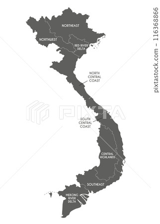 Vector map of Vietnam with regions or territories and administrative divisions. Editable and clearly labeled layers. 116368866