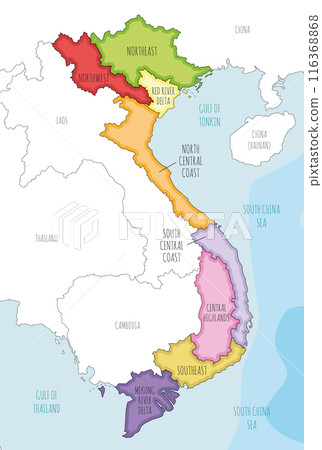 Vector illustrated map of Vietnam with regions and administrative divisions, and neighbouring countries and territories. Editable and clearly labeled layers. Vector illustrated map of Vietnam with regions and administrative divisions, and neighbouring countries and territories. Editable and clearly labeled layers. 116368868
