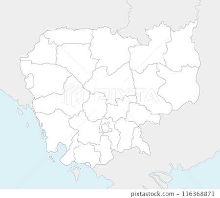 Vector regional blank map of Cambodia with provinces and administrative divisions, and neighbouring countries and territories. Editable and clearly labeled layers. 116368871