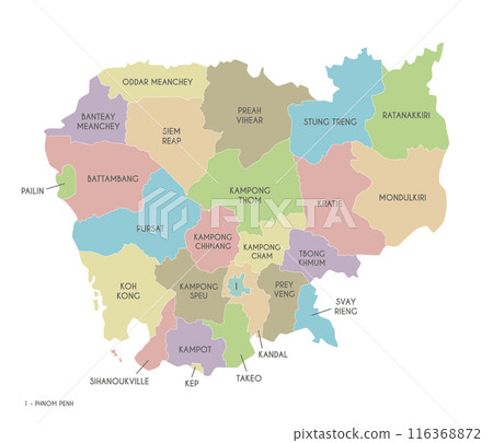 Vector regional map of Cambodia with provinces and administrative divisions. Editable and clearly labeled layers. 116368872