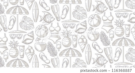 Minimalist monochrome gray seamless summer pattern, beach elements. Swimsuit, flip flops, flippers, fish, surfboard, umbrella, coconut cocktail, pineapple. For cover, wrapping paper, textile print Minimalist monochrome gray seamless summer pattern, beach elements. Swimsuit, flip flops, flippers, fish, surfboard, umbrella, coconut cocktail, pineapple. For cover, wrapping paper, textile print 116368887