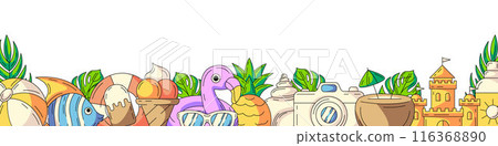 Summer beach background. Vector narrow horizontal banner, seasonal colorful line icons, bottom border frame. Space for text. Summertime backdrop with summer elements. For poster, flyer, cover, web 116368890