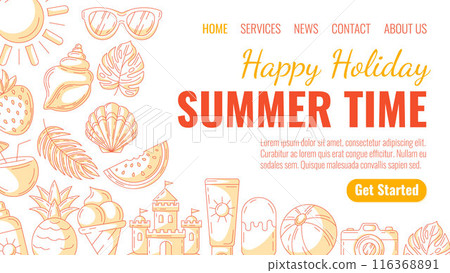 Summer beach elements and accessories, monochrome orange style. Sun, seashell, watermelon, sand castle, camera, pineapple, coconut cocktail. Landing page vector template for website, online, banner 116368891
