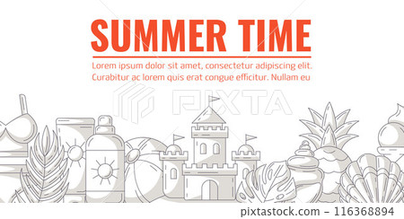 Summer monochrome gray minimalist horizontal banner, beach accessories elements. Bottom border frame, copy space. Holiday and vacation. For poster, flyer, card, invitation, social media, postcard 116368894
