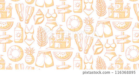 Minimalist monochrome orange summer seamless pattern, beach elements. Swimsuit, sand castle, pineapple and watermelon, sunscreen, seashell, flippers, lifebuoy. For cover, wrapping paper, textile print 116368895