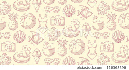 Minimalist monochrome summer seamless pattern, beach elements, isolated background. Swimsuit, pineapple, seashell, glasses, fish, flamingo, coconut cocktail. For cover, wrapping paper, textile print Minimalist monochrome summer seamless pattern, beach elements, isolated background. Swimsuit, pineapple, seashell, glasses, fish, flamingo, coconut cocktail. For cover, wrapping paper, textile print 116368896
