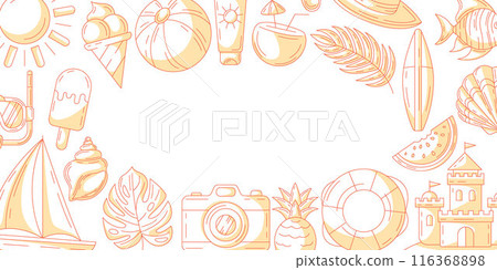 Summer minimalist horizontal banner, monochrome orange beach accessories icons. Border frame, copy space, isolated on white. For poster, flyer, card, invitation, social media, postcard, cover or event 116368898