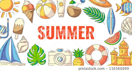 Summer colorful horizontal banner, beach accessories icons. Border frame, copy space, isolated on white. Summertime, holiday and vacation. For poster, flyer, card, invitation, social media, postcard 116368899