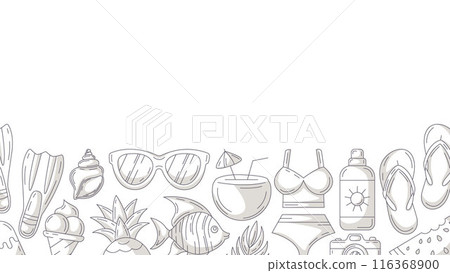 Summer minimalist horizontal banner with beach accessories, gray monochrome icons. Bottom border of frame, copy space, isolated on white. For poster, flyer, card, invitation, social media, cover 116368900