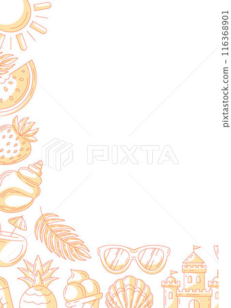 Summer vertical a4 poster, minimalist monochrome orange beach elements, accessories icons. Corner border frame, copy space, isolated on white. For card, banner, invitation, social media, planner 116368901
