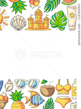 Summer vertical a4 poster, colorful beach elements, accessories icons. Upper and bottom border frame, copy space, isolated on white. For card, banner, invitation, social media, planner or cover Summer vertical a4 poster, colorful beach elements, accessories icons. Upper and bottom border frame, copy space, isolated on white. For card, banner, invitation, social media, planner or cover 116368902