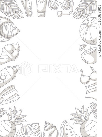 Summer vertical a4 poster, minimalist monochrome gray beach elements, accessories icons. Border frame, copy space, isolated on white. For card, banner, invitation, social media, planner or cover 116368903
