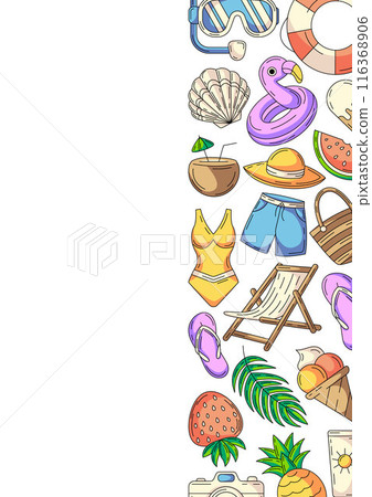 Summer vertical a4 poster, colorful beach elements, accessories icons. Right side border frame, copy space, isolated on white. For card, banner, invitation, social media, planner, notebook or cover Summer vertical a4 poster, colorful beach elements, accessories icons. Right side border frame, copy space, isolated on white. For card, banner, invitation, social media, planner, notebook or cover 116368906