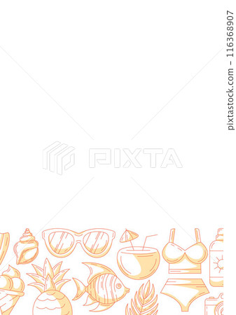 Summer vertical a4 poster, minimalist monochrome orange beach elements, accessories icons. Bottom border frame, copy space, isolated on white. For card, banner, invitation, social media, planner 116368907