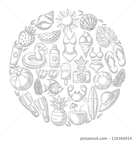 Summer beach elements in round shape. Square card, minimalist monochrome gray beach accessories icons isolated on white. For poster, flyer, banner, invitation, social media, party or event Summer beach elements in round shape. Square card, minimalist monochrome gray beach accessories icons isolated on white. For poster, flyer, banner, invitation, social media, party or event 116368914