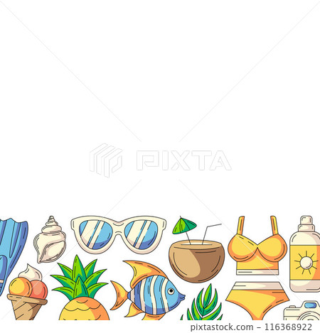 Summer square card, colorful beach accessories icons. Bottom border frame, copy space, isolated on white. Holiday and vacation. For poster, flyer, banner, invitation, social media, postcard, party 116368922