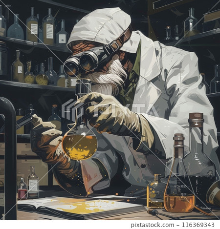 Scientist conducts dangerous chemical experiment in his laboratory 116369343