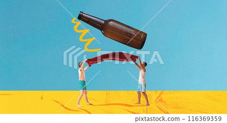 Two men in swimwear goin on picnic on beach, wit giant beer bottle above them over blue yellow background. Contemporary art collage. 116369359