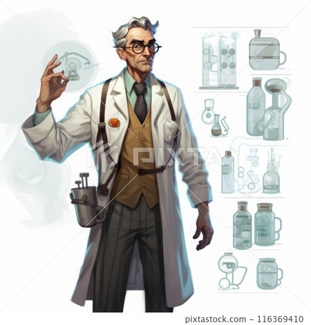 Scientist in a steampunk setting with a variety of laboratory equipment 116369410