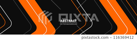 Black abstract wide horizontal banner with orange and gray lines,. 116369412