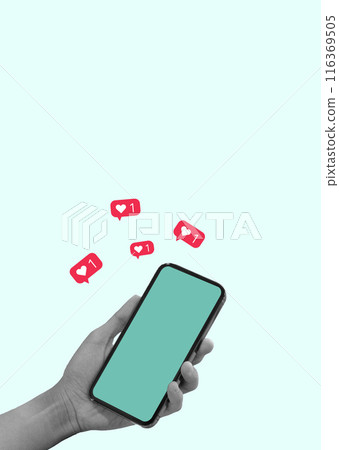 Vibrant Social Media Concept Collage with Smartphone and Like Notification on Light Background Vibrant Social Media Concept Collage with Smartphone and Like Notification on Light Background 116369505