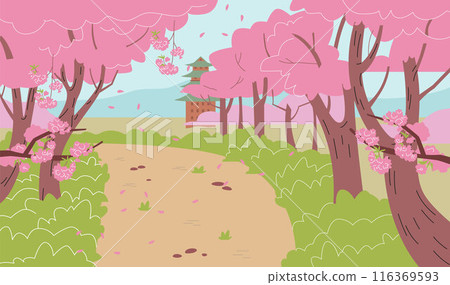 Japanese garden with cherry blossoms. Vector illustration. Japanese garden with cherry blossoms. Vector illustration. 116369593