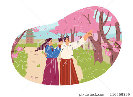 Vector of a couple photographing cherry blossoms. Flat style. 116369599