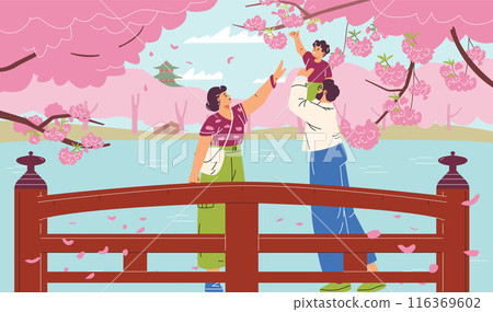 Family in the spring park with Sakura blossom trees, child enjoying cherry pink flowers on bridge Hanami festival vector 116369602