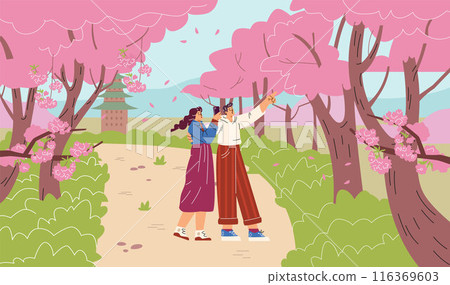 A spring vector scene with a young couple photographing sakura flowers, happy hanami 116369603