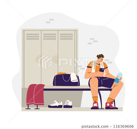 Young man sitting on bench in sports locker changing room vector illustration, athlete with water bottle and smartphone Young man sitting on bench in sports locker changing room vector illustration, athlete with water bottle and smartphone 116369606