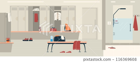 Vector interior of the locker room with a changing area, a place to store sports equipment Vector interior of the locker room with a changing area, a place to store sports equipment 116369608