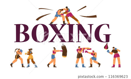 Vector poster male and female boxers with sports gloves are hitting each other and a punching bag 116369623