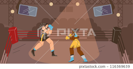 Women's boxing match in the ring in a vector format in a flat style. 116369639