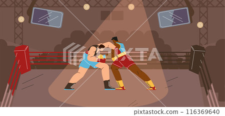 Boxers men boxing on the ring with spotlights and spectators, martial sport game competition wrestling match flat vector 116369640