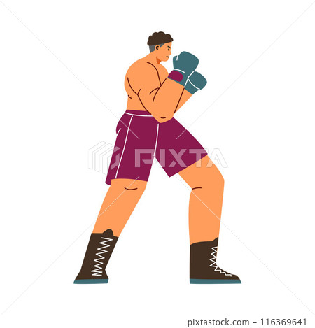 Strong professional man boxer fighter exercising, martial art, sport training wrestling workout flat vector sportsman 116369641