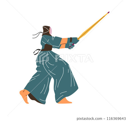 Kendo fighter wear protective clothing and mask with bamboo sword, vector traditional Japanese martial art, combat sport 116369643